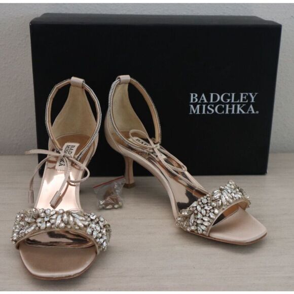 Badgley Mischka Women Sz 6.5 Nude Satin Blossom Ankle Tie Embellished Sandal - Picture 1 of 16
